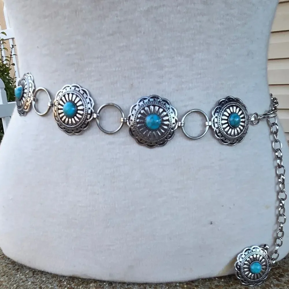 Cowgirl Concho Belt • Silver Medallions & Turquoise Accent • Rodeo / Festival